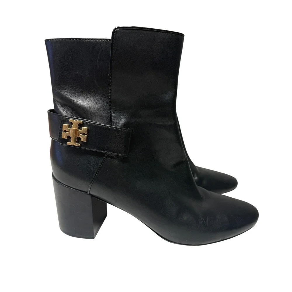 Tory Burch Kira Boots Womens 9M Black Leather Block Heel Gold Minimalist Luxury